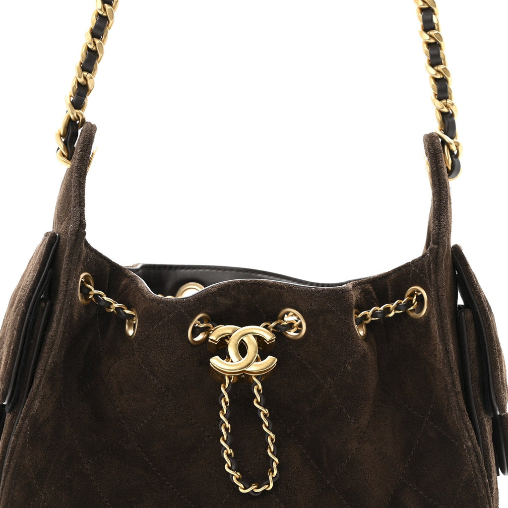 Suede Quilted Mini Chanel 25 Handbag Dark Brown