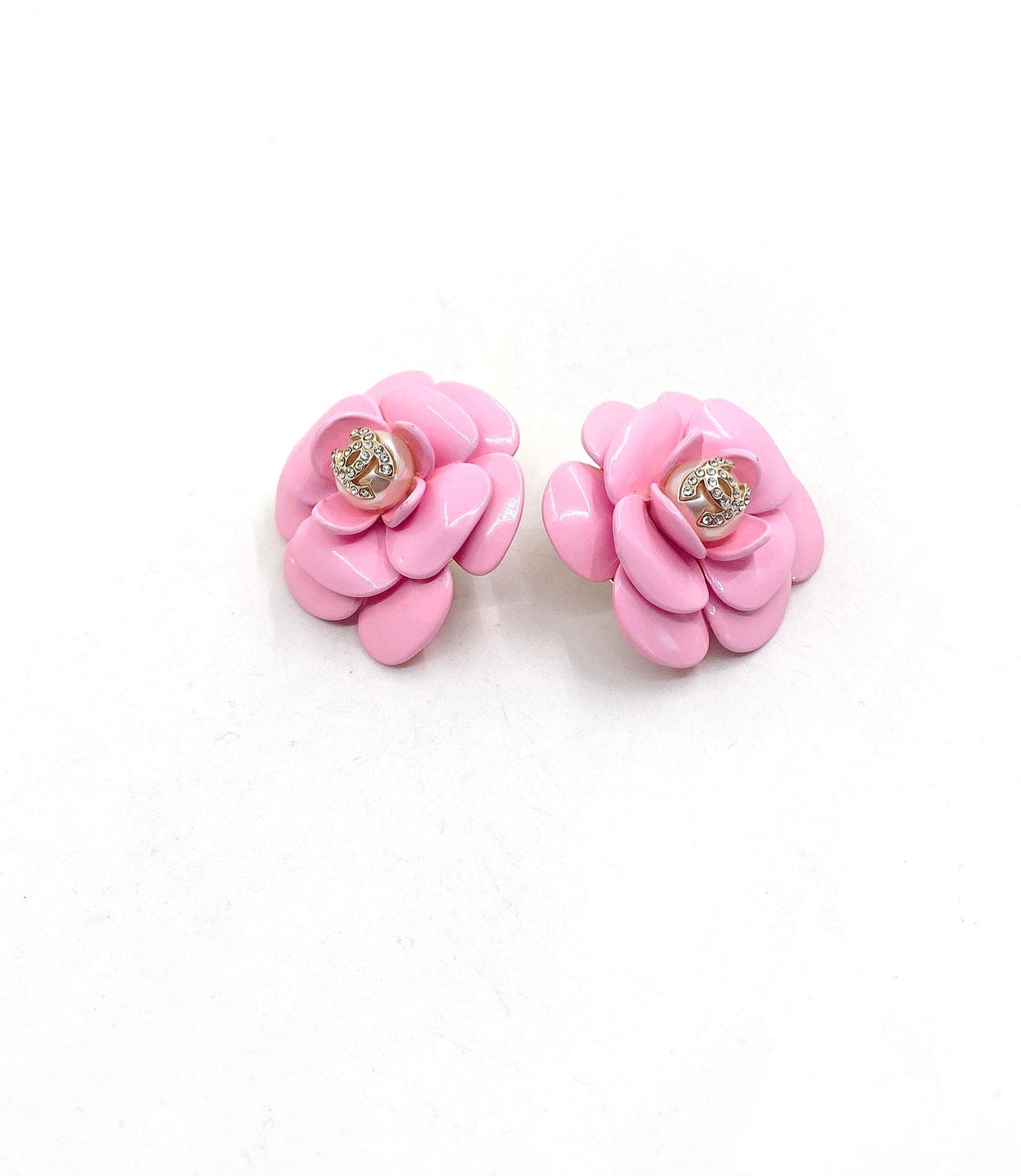 Chanel Pink Camellia Resin 18K Gold Earrings