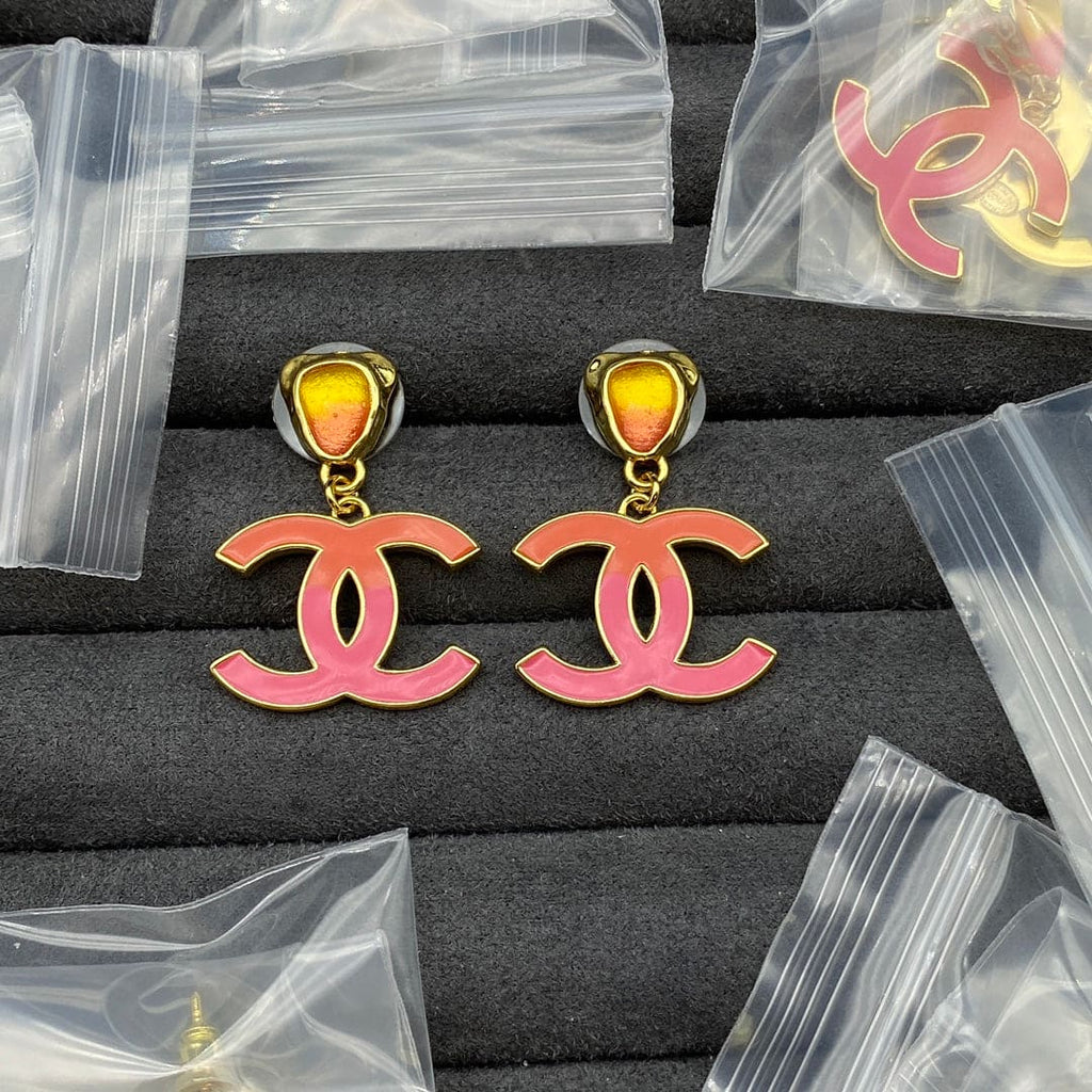 Chanel Classic Pink Dangle 18K Gold Earrings