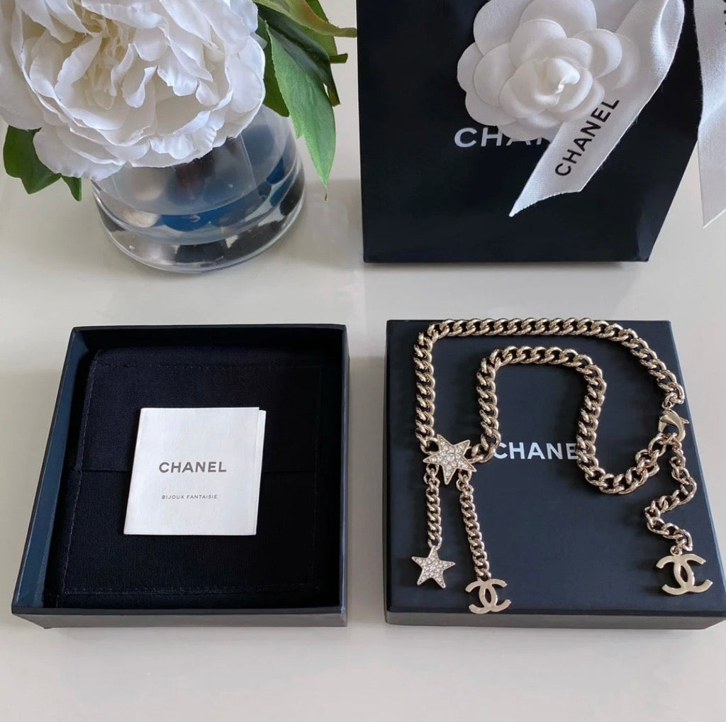 Chanel Rhinestone Star Chain 18K Gold Necklace