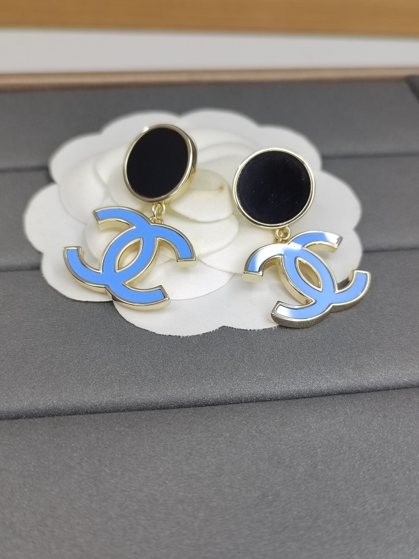 Chanel Classic Blue Dangle 18K Gold Earrings