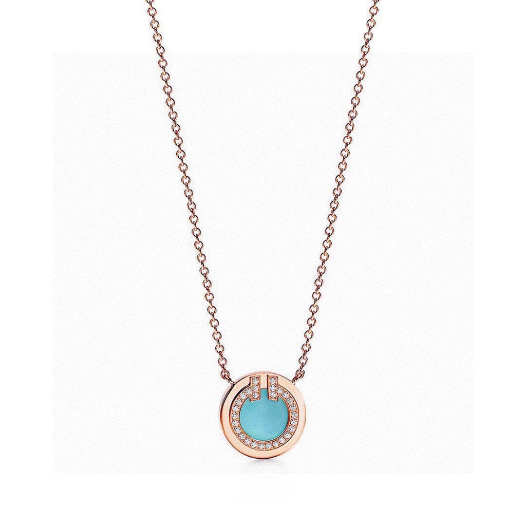 Tiffany Diamond & Turquoise Circle Pendant 18K Gold Necklace