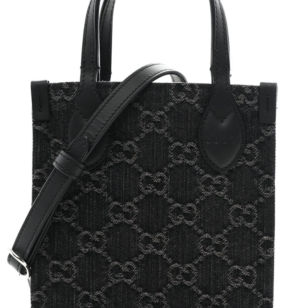 Denim Cuoio Harness GG Monogram Mini Ophidia Tote Bag Black Medium Grey