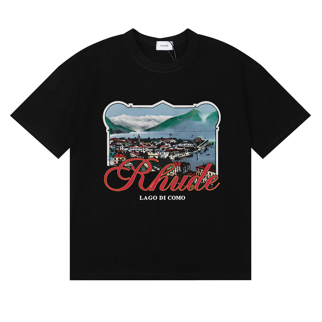 Rhude T-shirts Lake Como Lakeside Town Printed Cotton Casual Short Sleeves Men and Women
