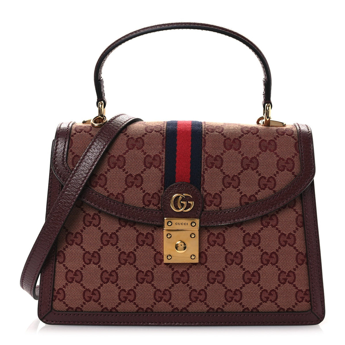 GG Supreme Monogram Textured Dollar Calfskin Web Small Ophidia Padlock Top Handle Bag Bordeaux
