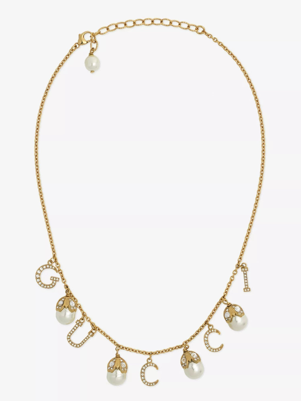 Gucci Double Logo Plaque Embellished Pearl 18K Gold Necklace