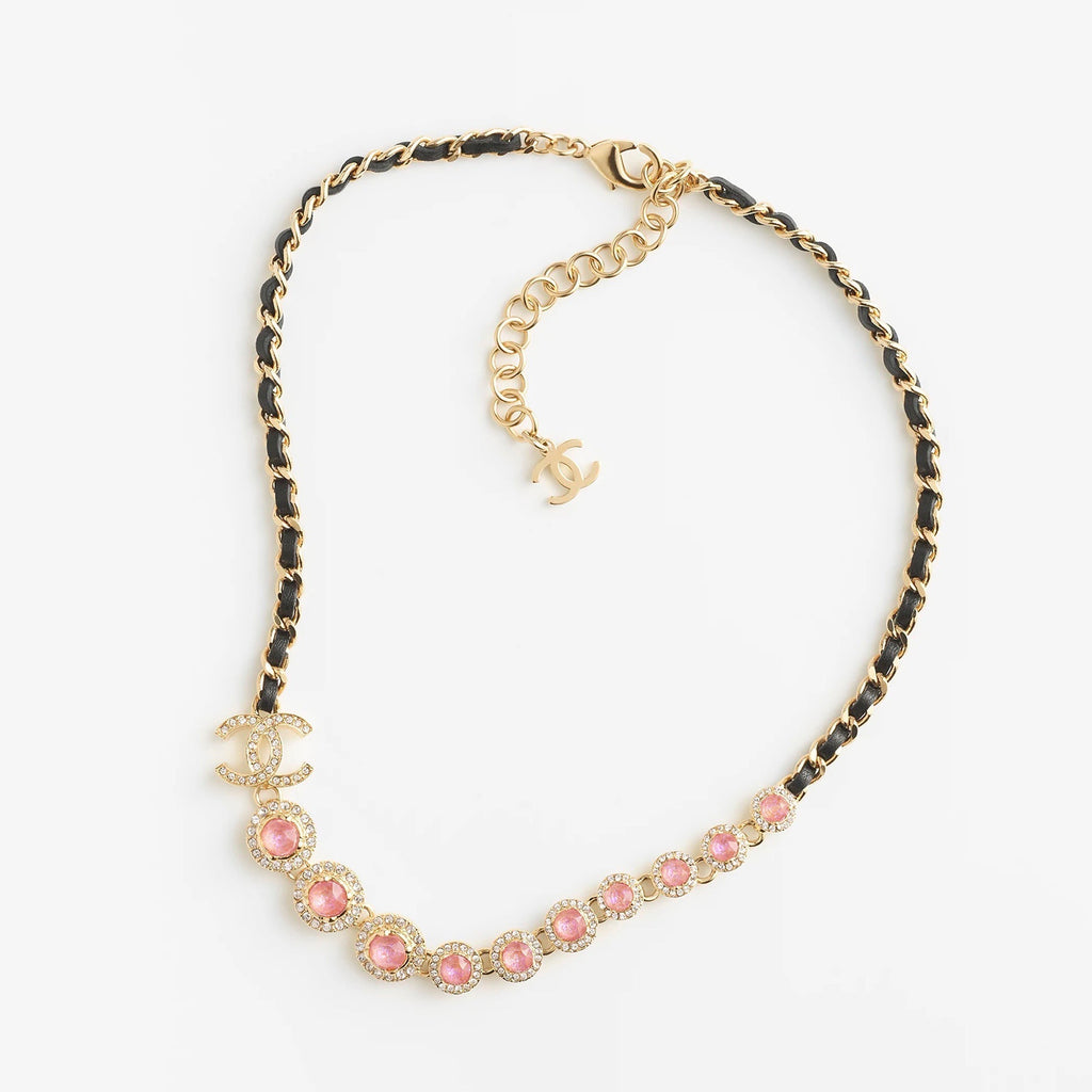 Chanel Pink Crystals Leather 18K Gold Necklace