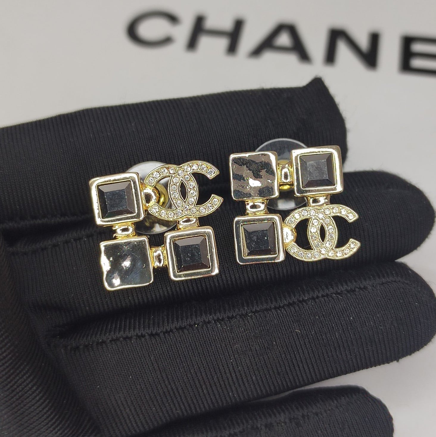 Chanel Black Crystals 18K Gold Earrings