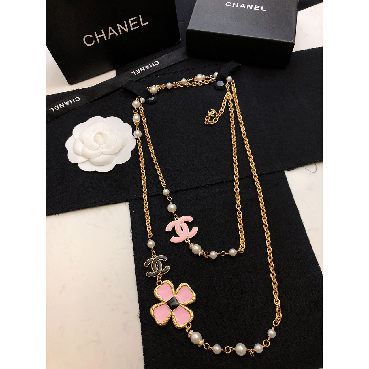 Chanel Pink Flowers 18K Gold Necklace