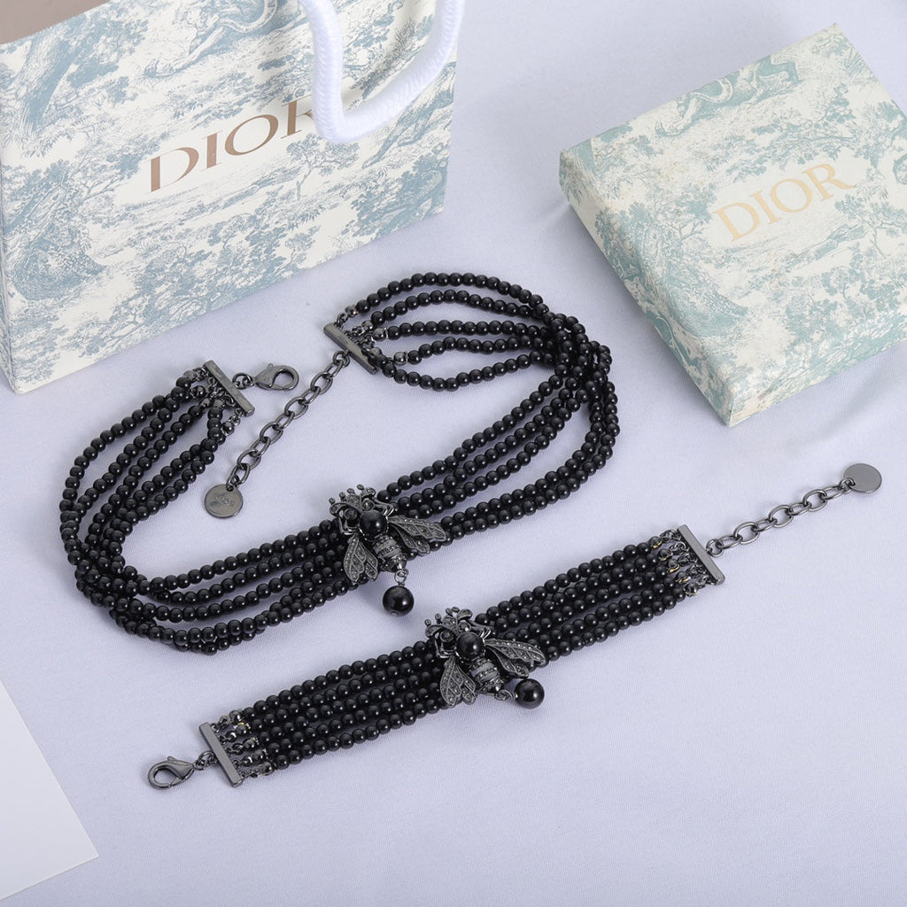 Dior Bee Black Pearls Chain 18K Gold Necklace