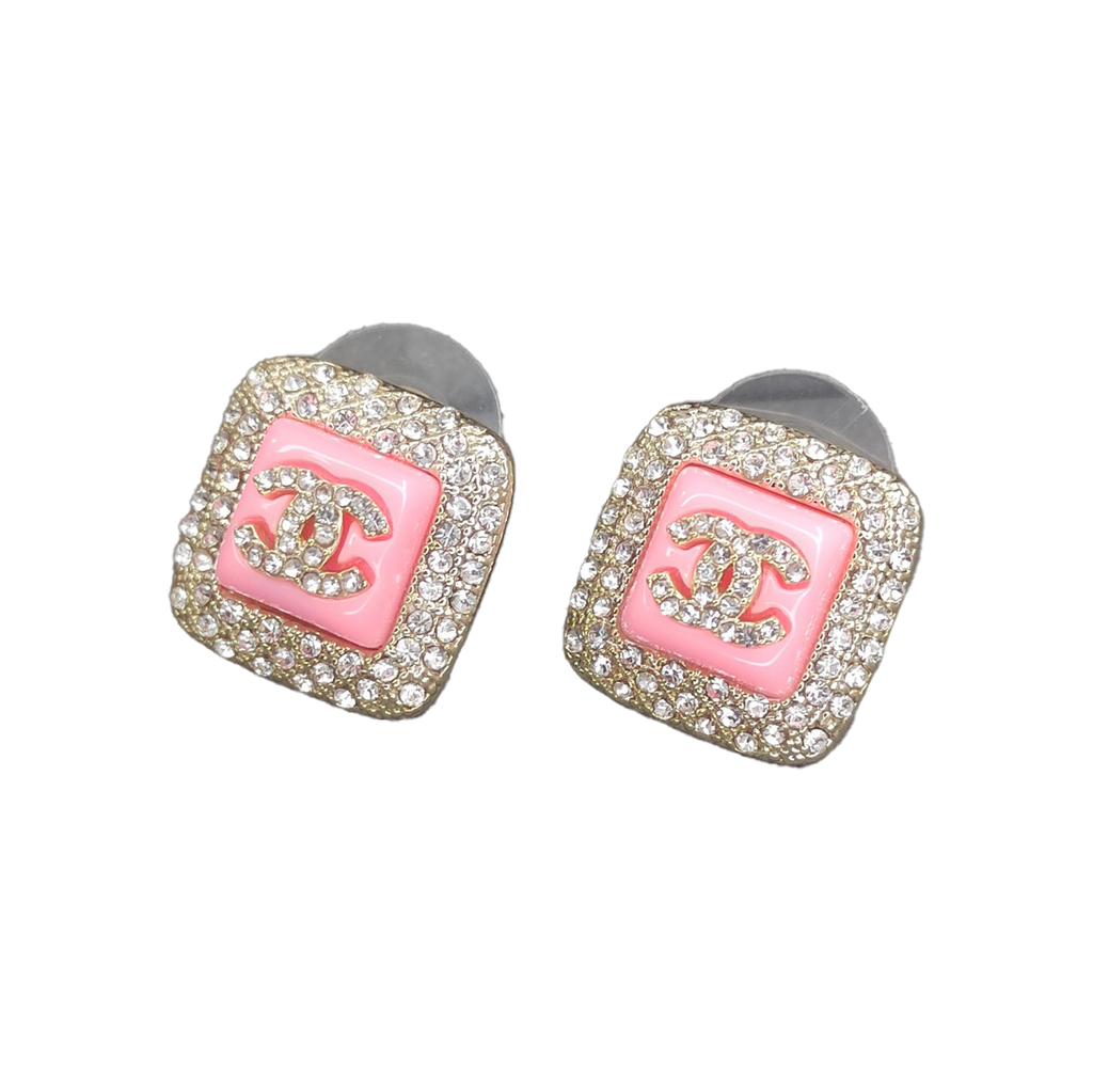Chanel Diamond Square Pink 18K Gold Earrings