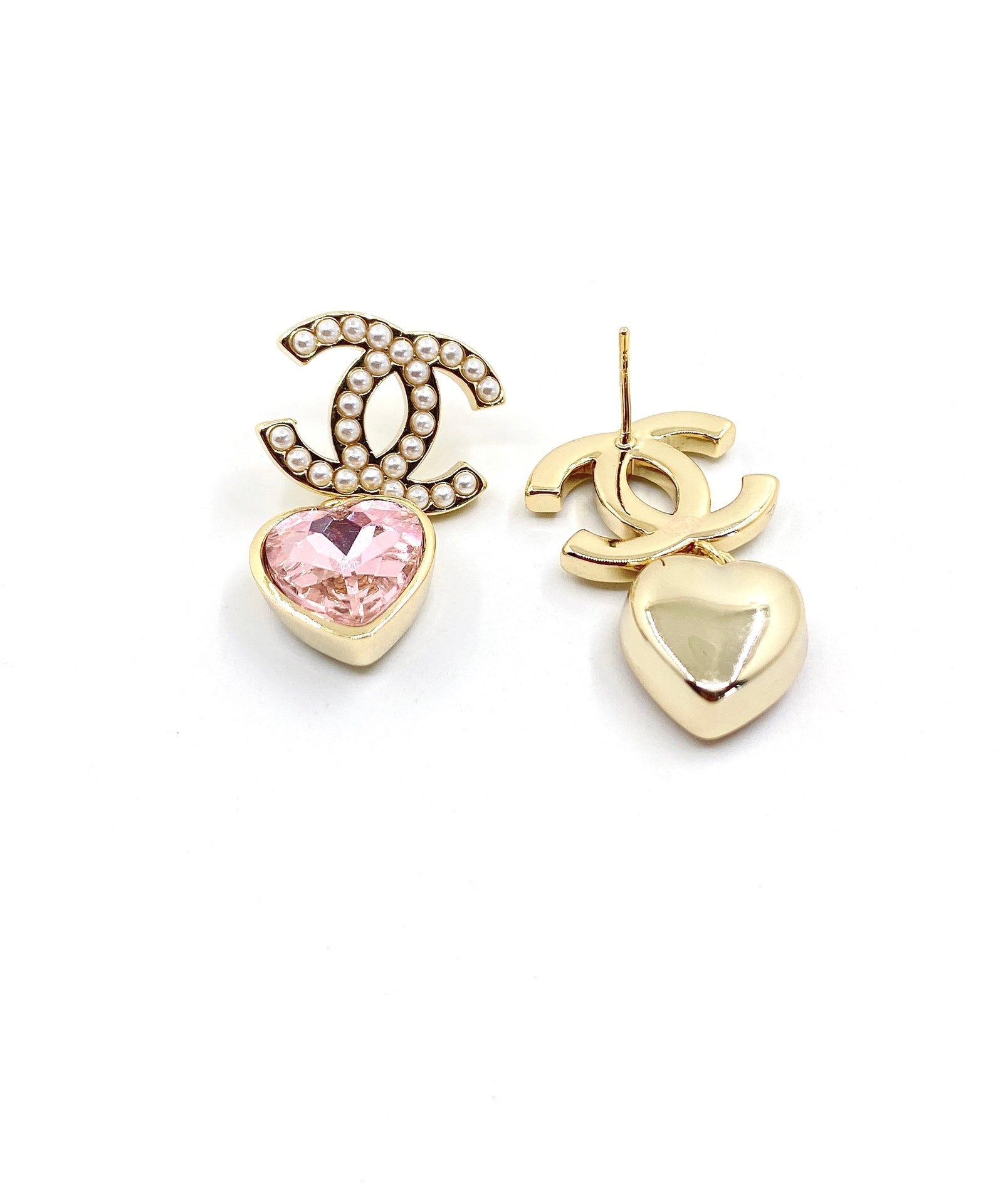Chanel Pink Heart Crystal 18K Gold Earrings