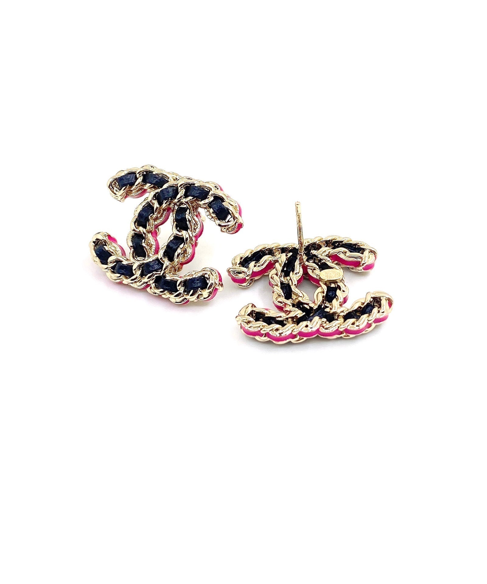 Chanel Pink Resin Leather 18K Gold Earrings