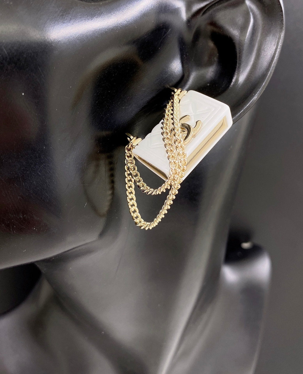 Chanel White Bag 18K Gold Earrings