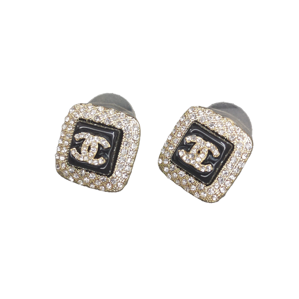 Chanel Diamond Square Black 18K Gold Earrings