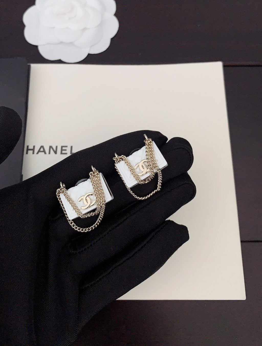 Chanel White Bag 18K Gold Earrings