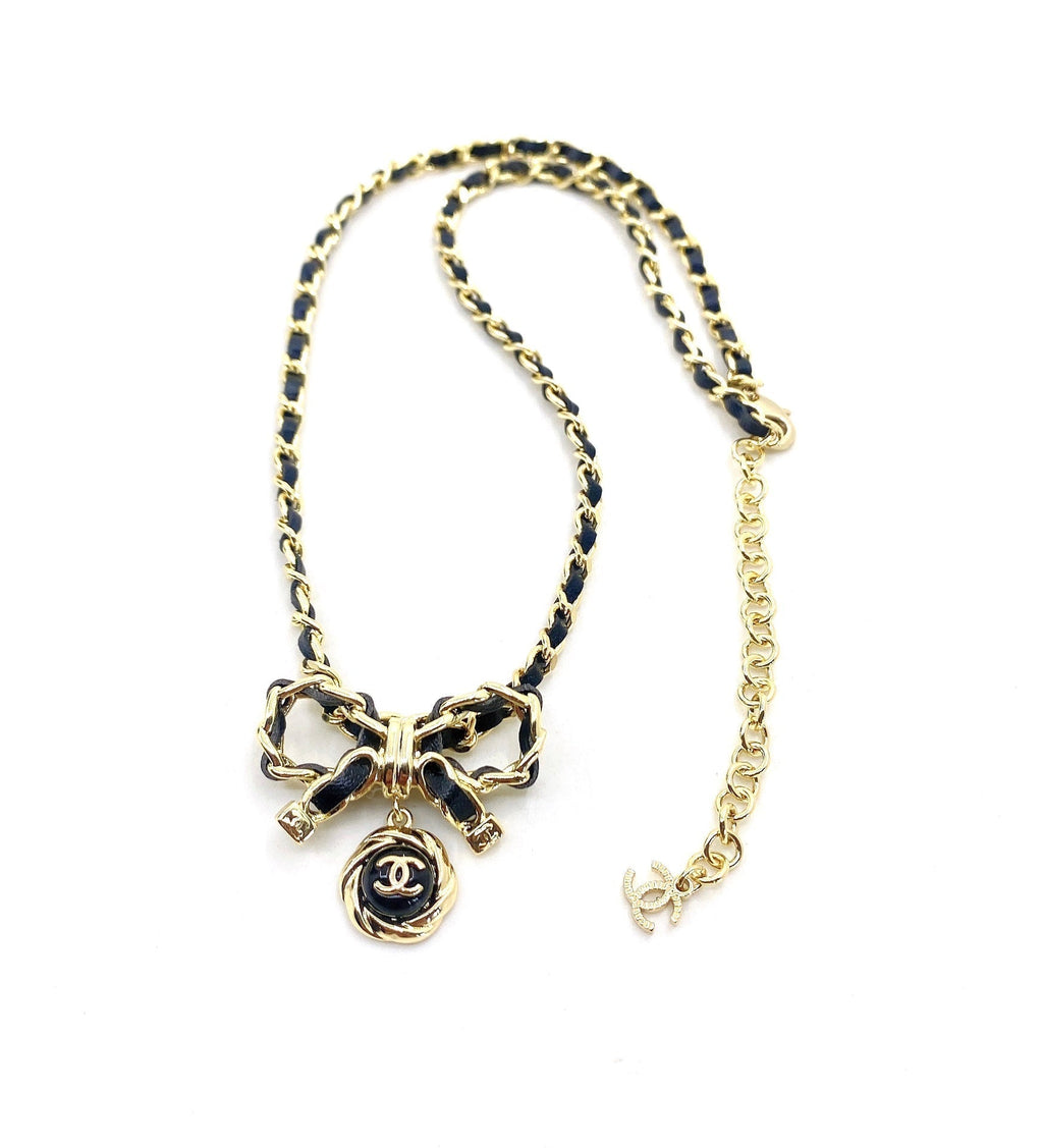 Chanel Rhinestone Bow Tie 18K Gold Necklace