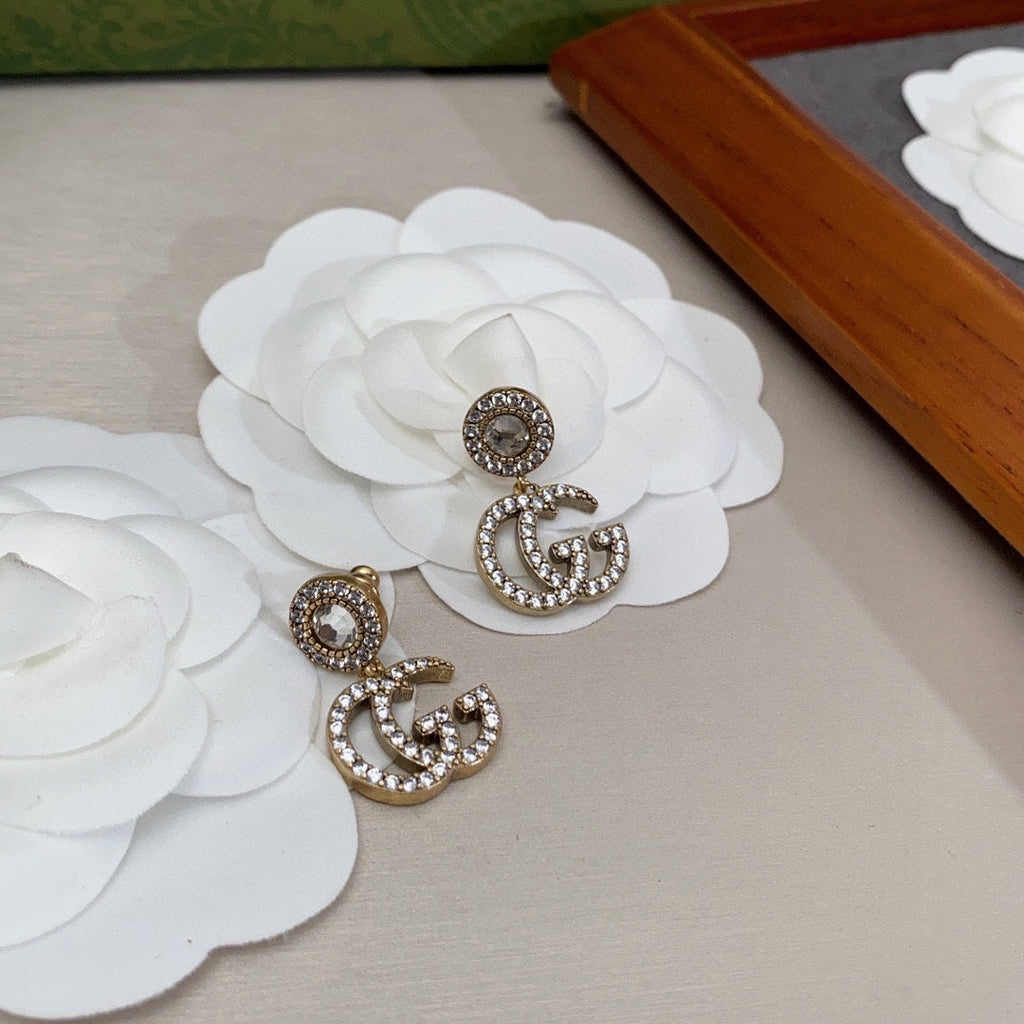 Gucci Double Crystal Pendant 18K Gold Earrings