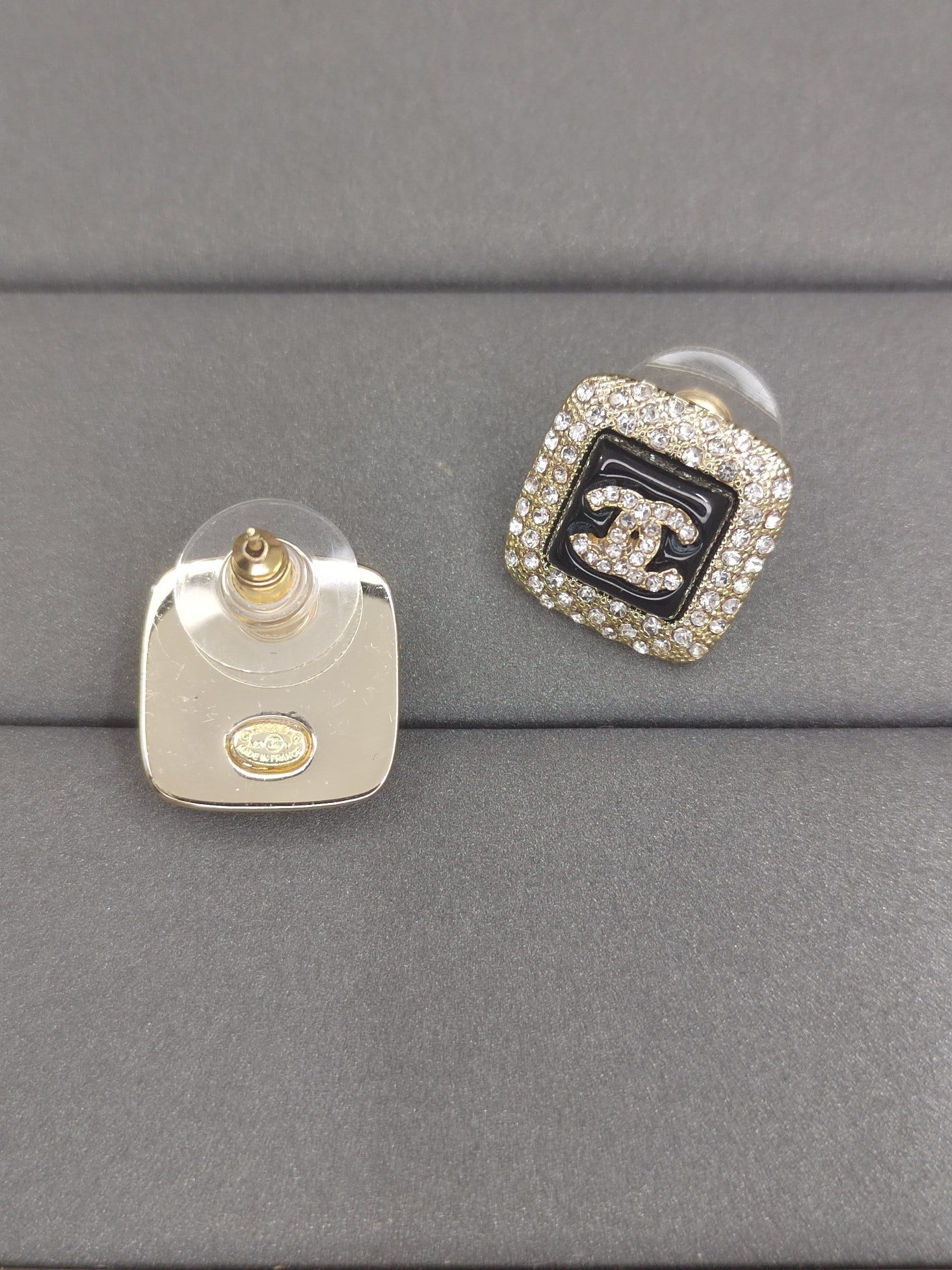 Chanel Diamond Square Black 18K Gold Earrings