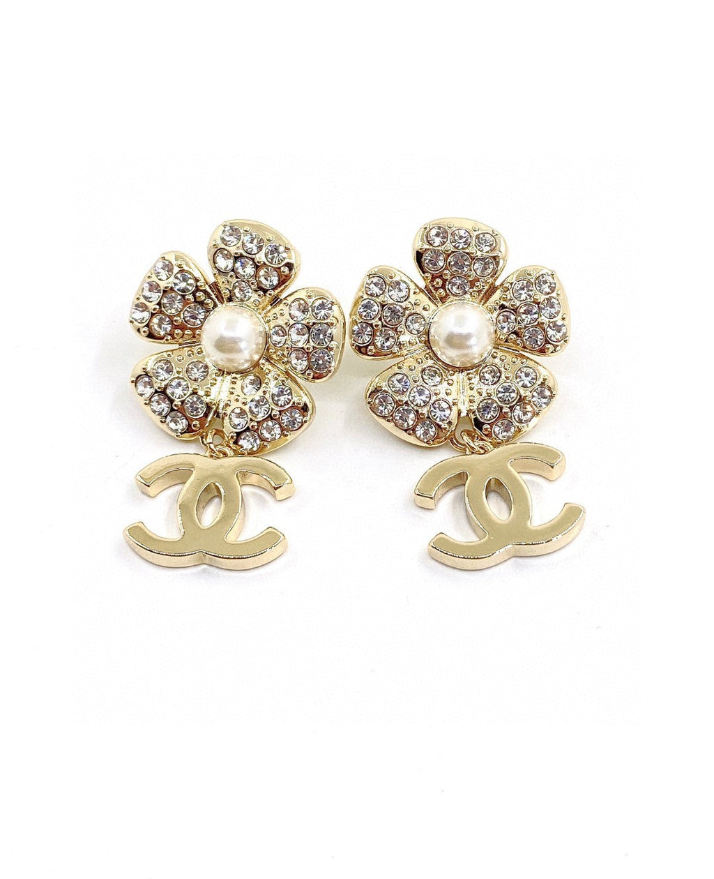 Chanel Flower Full Crystals 18K Gold Earrings