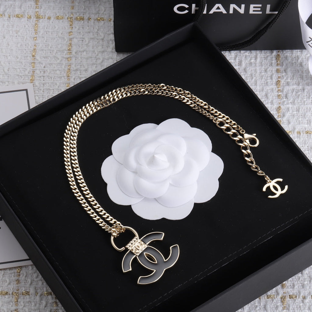 Chanel Black Resin Logo 18K Gold Necklace