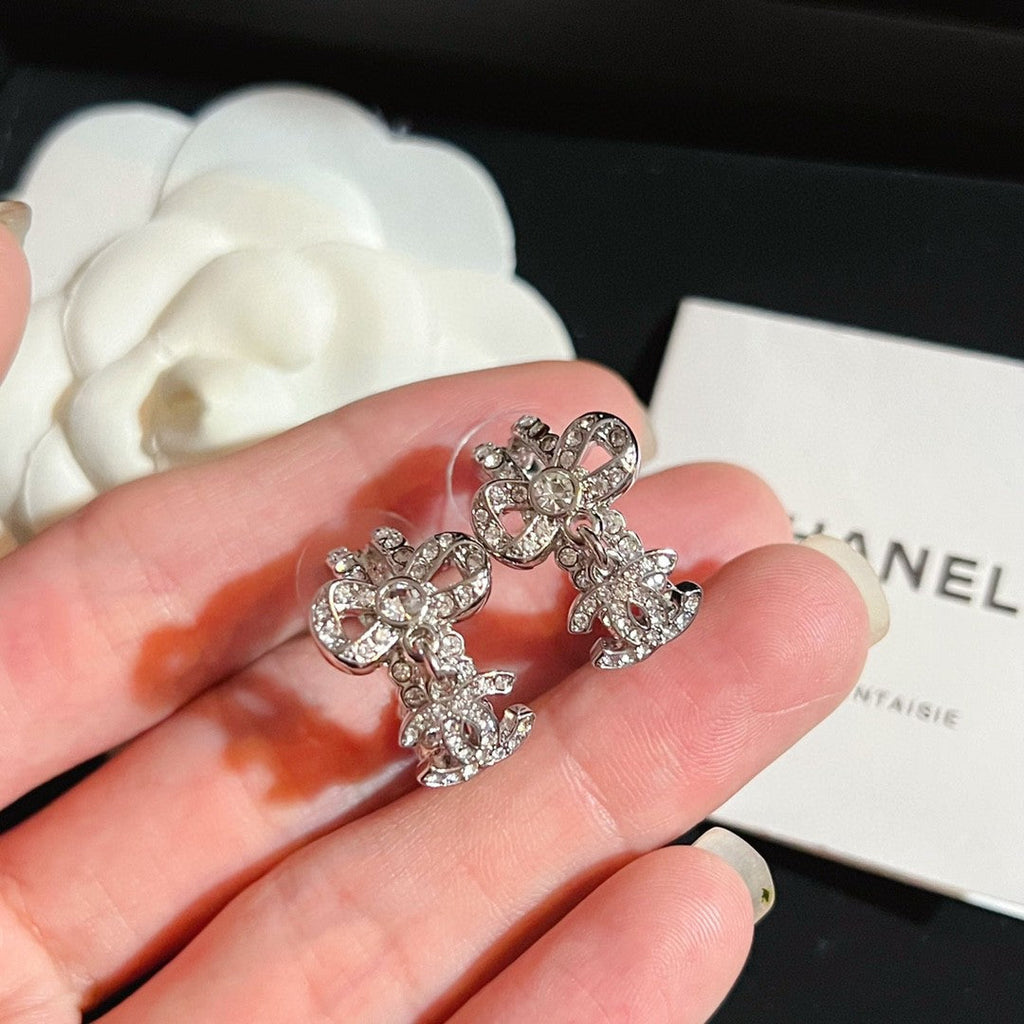 Chanel Diamond Pendant 18K Gold Earrings