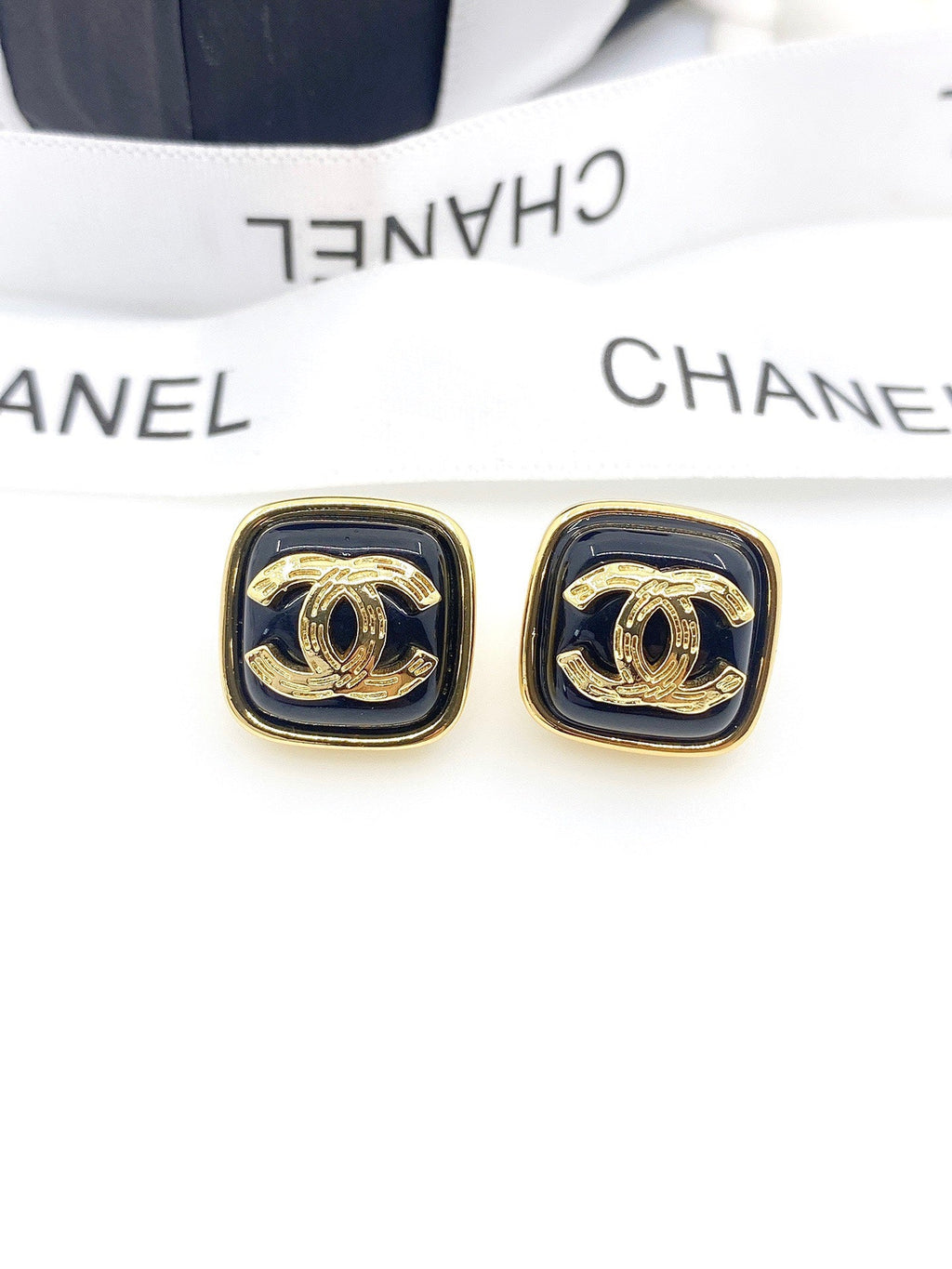 Chanel Square Resin 18K Gold Earrings