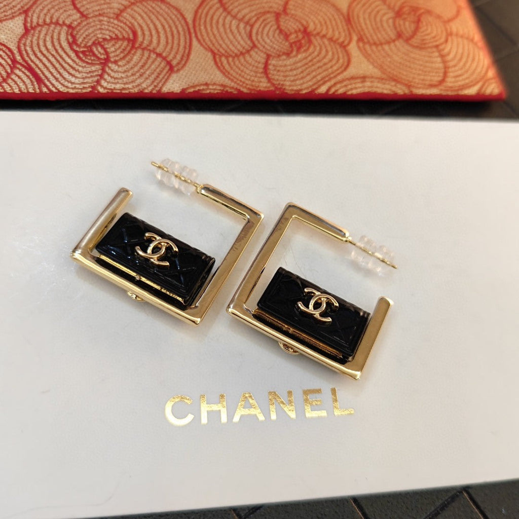 Chanel Black Bag Hoop 18K Gold Earrings
