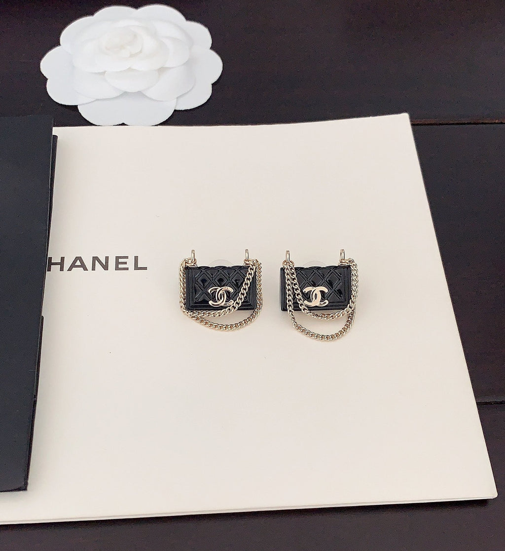 Chanel Black Bag Pendant 18K Gold Earrings