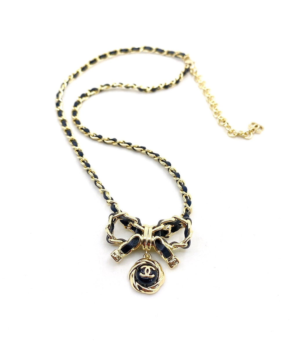 Chanel Rhinestone Bow Tie 18K Gold Necklace