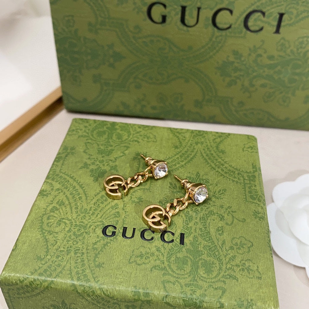 Gucci Double Crystal Chain 18K Gold Earrings