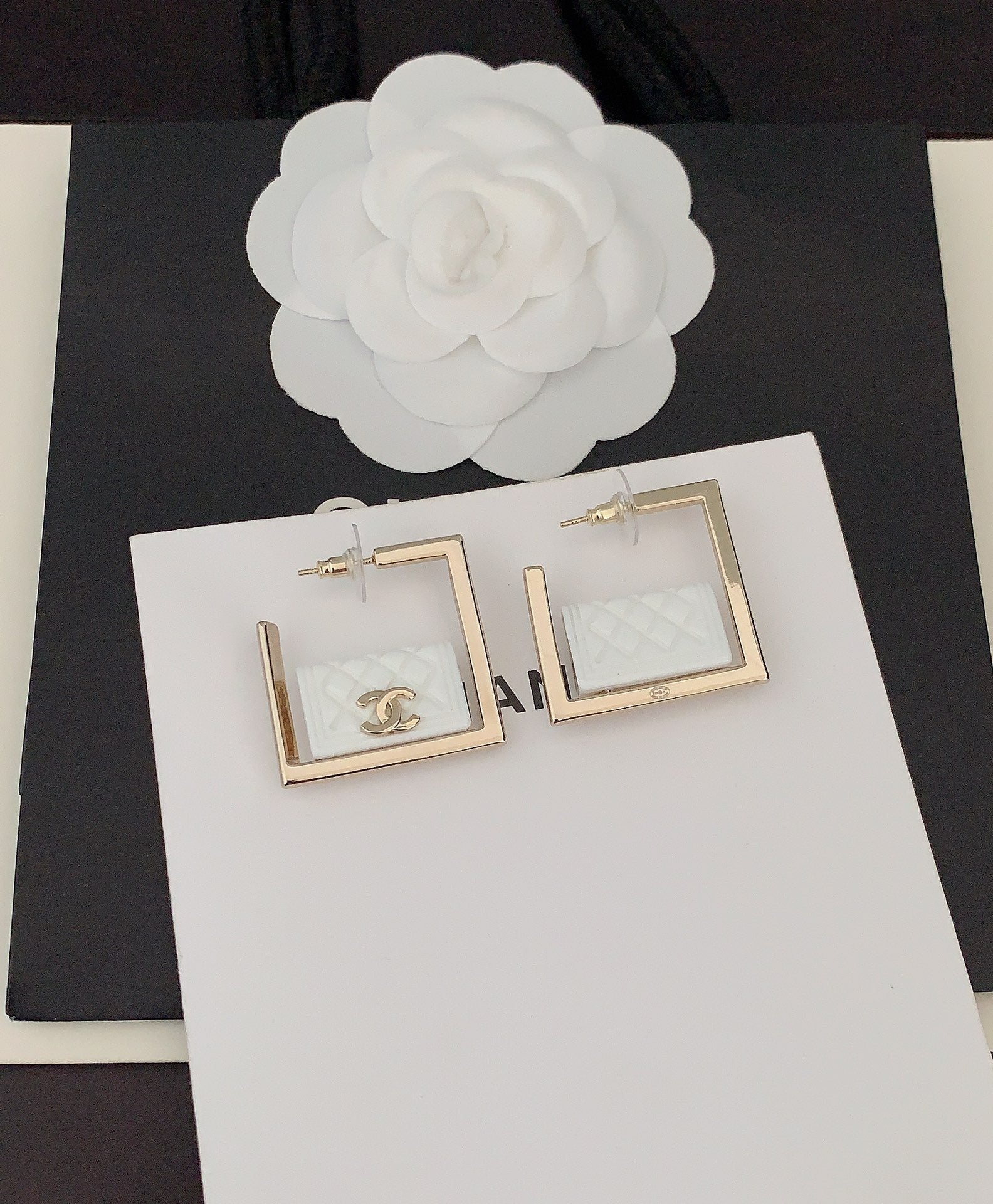 Chanel White Bag Pendant 18K Gold Earrings