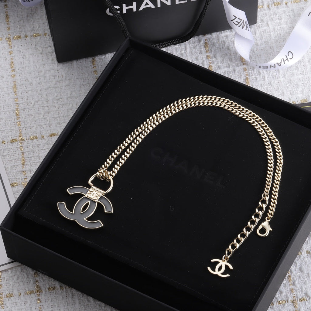 Chanel Black Resin Logo 18K Gold Necklace