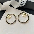 Chanel Black Leather Circle 18K Gold Earrings