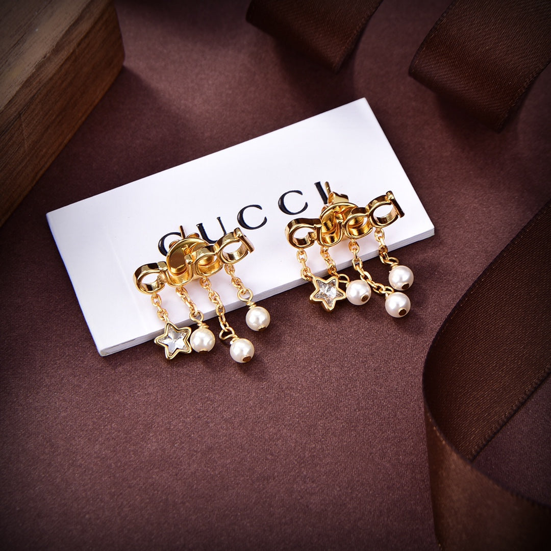 Gucci Double Script Pearl 18K Gold Earrings