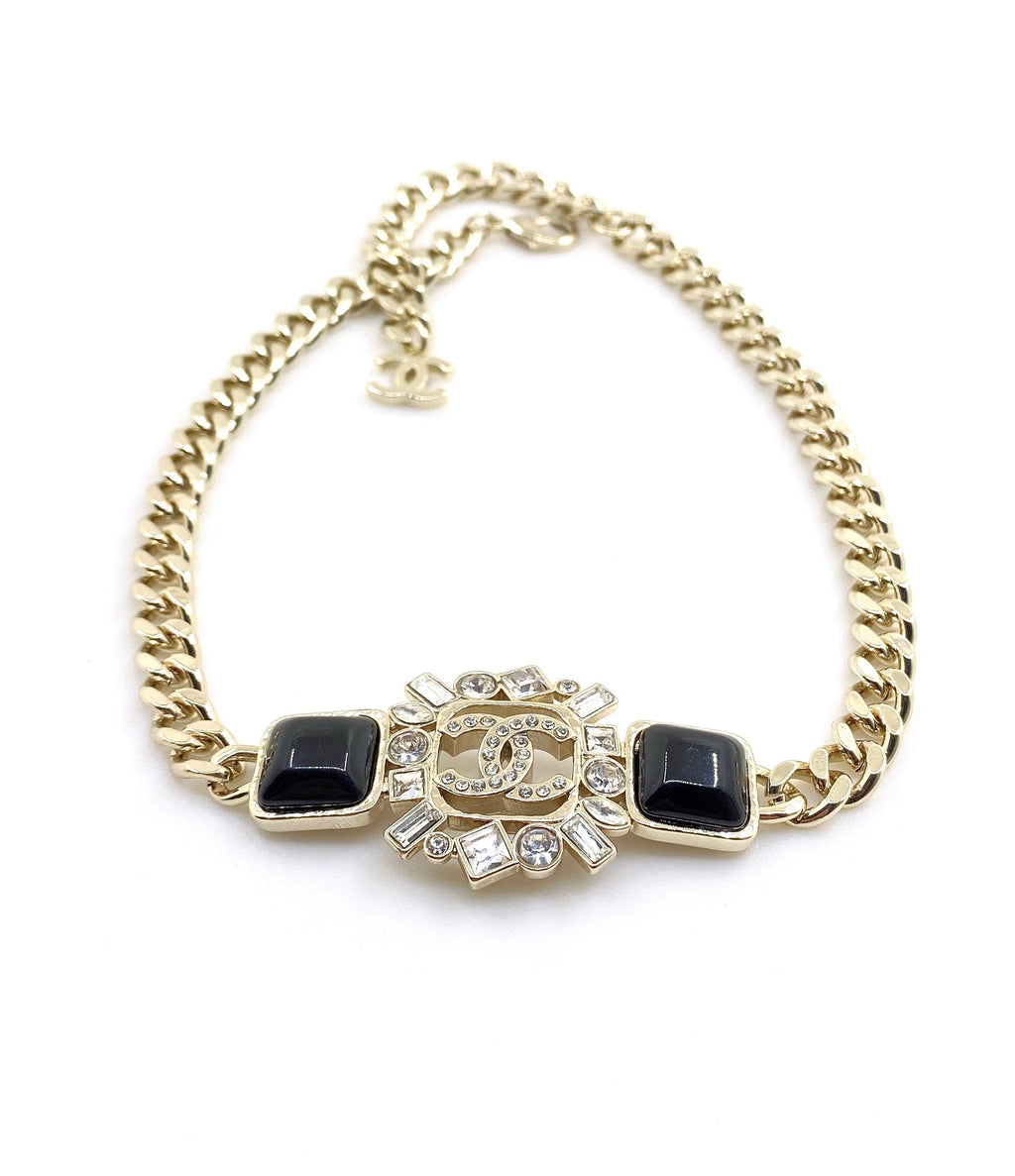 Chanel Black Crystals Chain 18K Gold Necklace