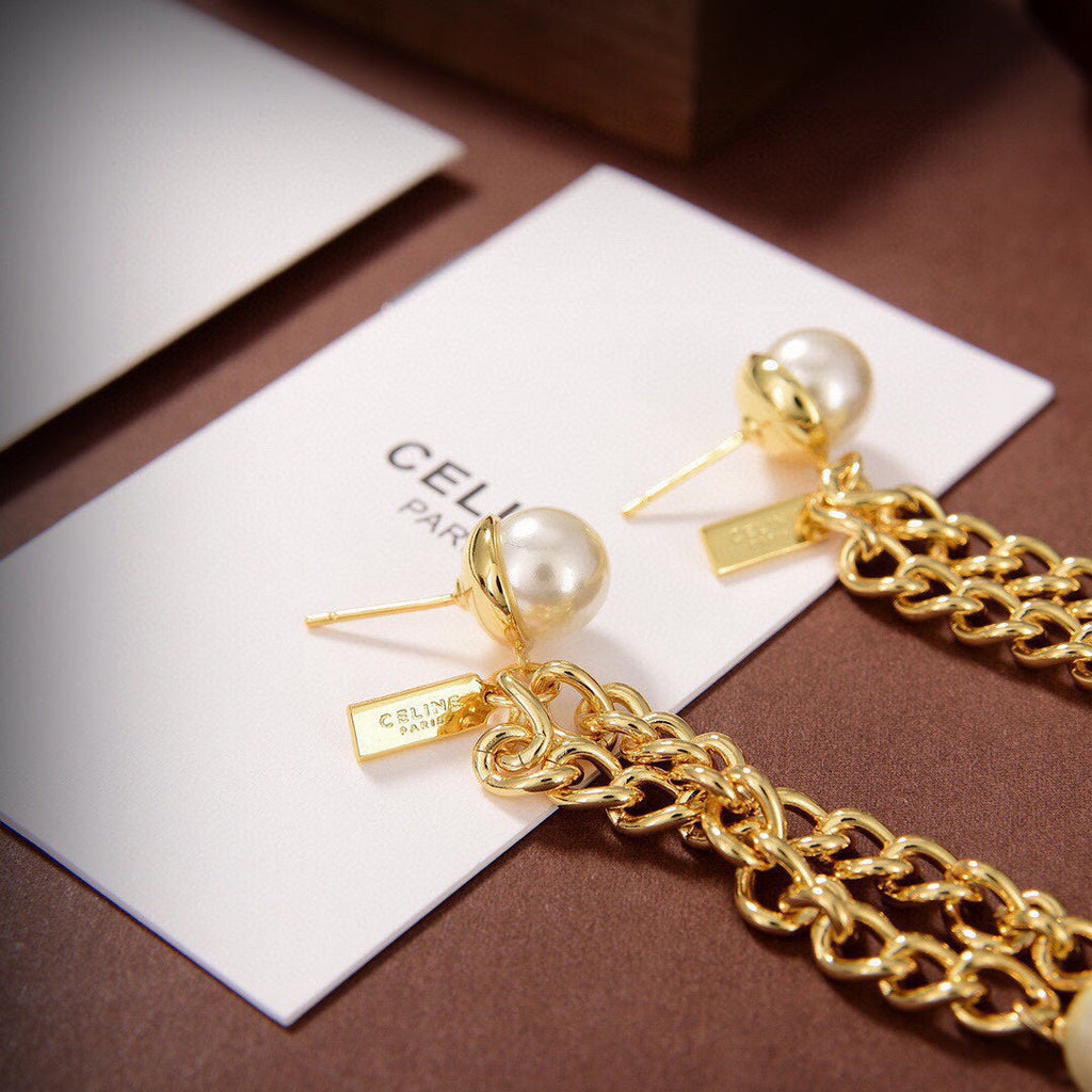 Celine Chain Pearl 18K Gold Earrings