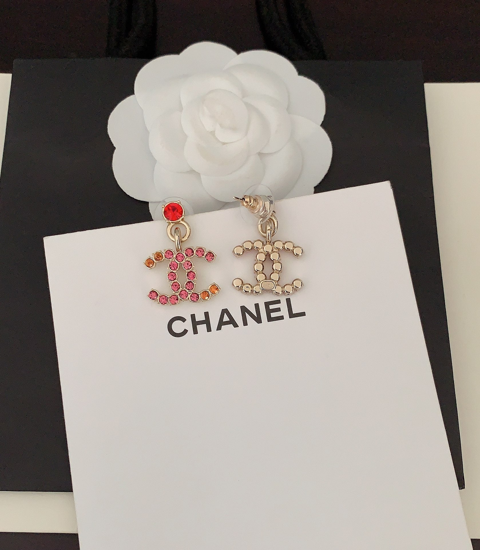 Chanel Pink Crystals 18K Gold Earrings