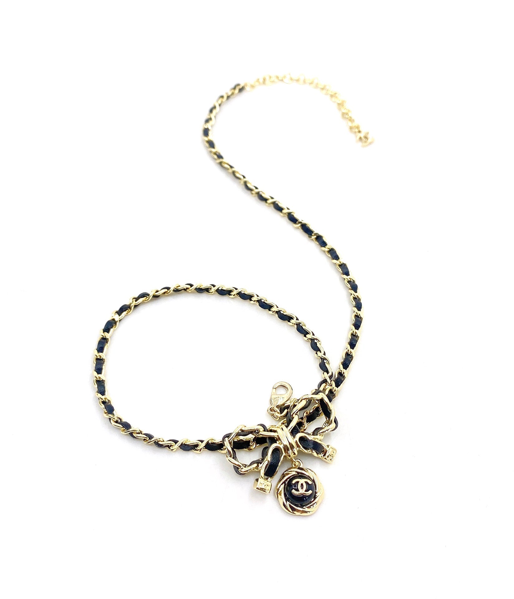 Chanel Rhinestone Bow Tie 18K Gold Necklace