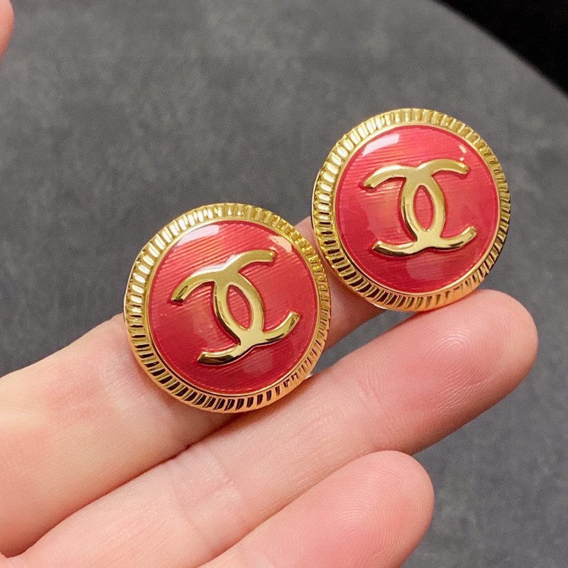 Chanel Pink Round 18K Gold Earrings
