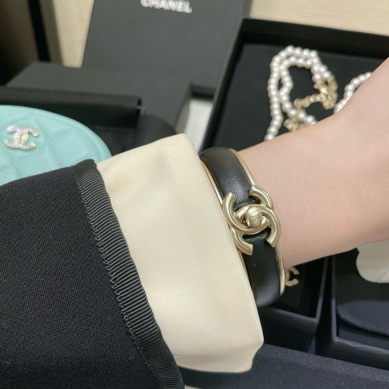 Chanel Black Leather Cuff 18K Gold Bracelet