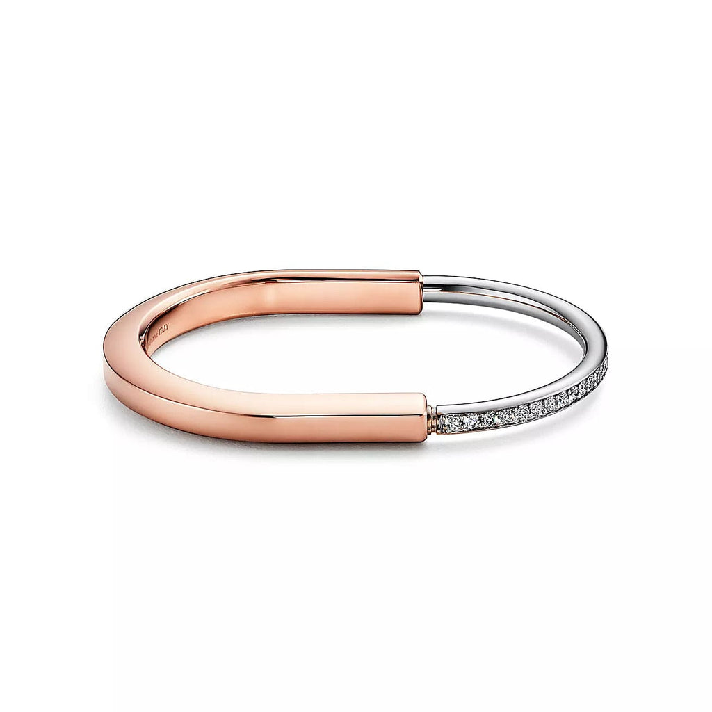 Tiffany Lock Bangle Half Pave Diamonds 18K Gold Bracelet